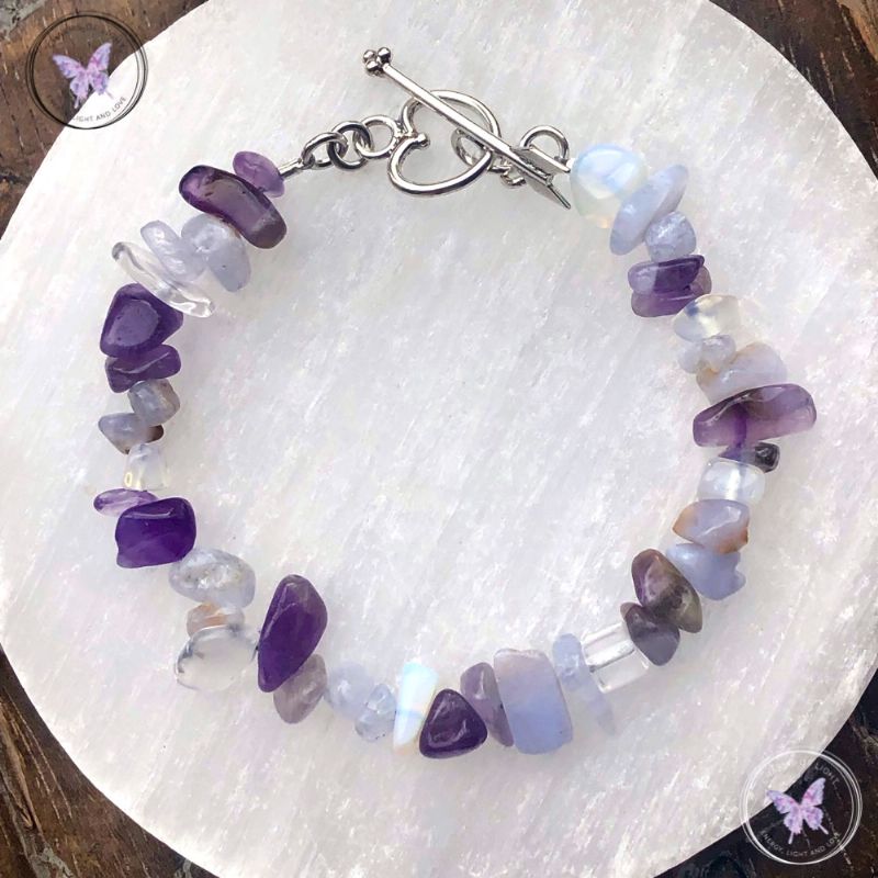 Blue Lace Agate, Amethyst & Opalite Crystal Bracelet with Silver Heart Toggle